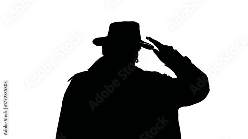 Backlit silhouette of a mysterious person in a fedora hat and overcoat saluting with respect on a clean white background.