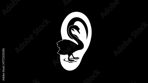 Striking black swan silhouette within human ear graphic, minimalist illustration symbolizing unexpected events, rare anomaly, and crisis.