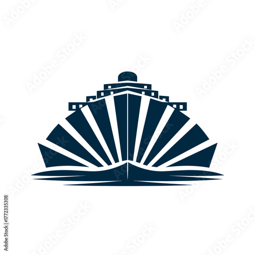 Stylized cruise ship front view icon illustration, representing ocean travel, luxury tourism, and marine transportation design concept.