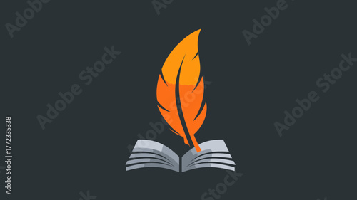 Classic open book with an elegant orange feather quill pen, representing writing, storytelling, education, knowledge, and literature.
