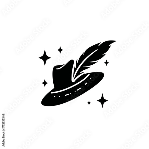Stylish classic hat with a decorative feather and magical sparkles, black silhouette icon illustration on a white background.