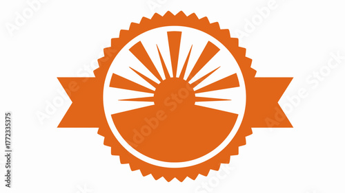 Orange sunburst emblem with rays over a horizon and decorative banner, a circular badge icon representing dawn, quality, or success.