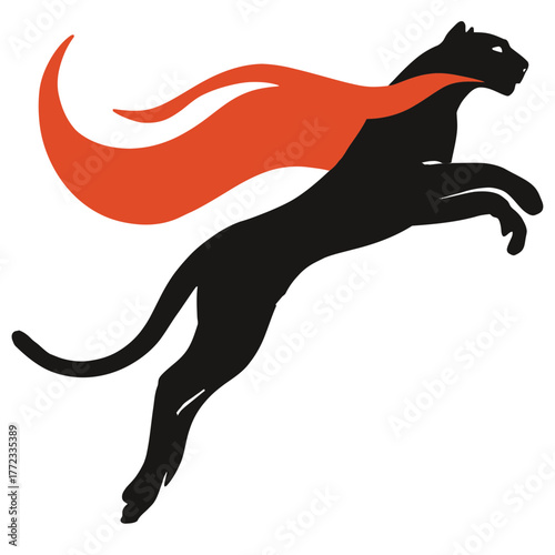 Dynamic leaping black panther silhouette illustration with a flowing orange cape, symbolizing speed, power, agility, and heroic strength.