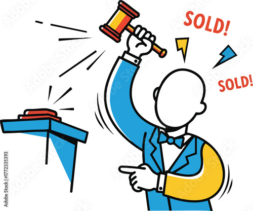 Auctioneer in Blue Suit Bangs Gavel on Podium with Sold Signs and Red Button Symbolizing a Successful Sale