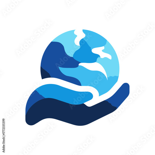 Environmental protection vector icon: a stylized blue hand gently cradling a planet earth globe, symbolizing global care and sustainability.