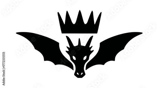 Black silhouette of a mythical dragon head with powerful wings and a crown. Fantasy creature icon symbolizing royalty, power, and legend.