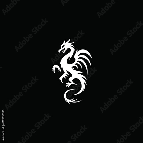 Stylized white dragon silhouette illustration on a black background, representing fantasy, power, and ancient mythology. Majestic mythical creature graphic.