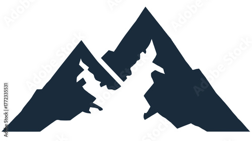 Abstract dark blue mountain range silhouette icon. Minimalist vector illustration of majestic peaks for adventure and outdoor designs.