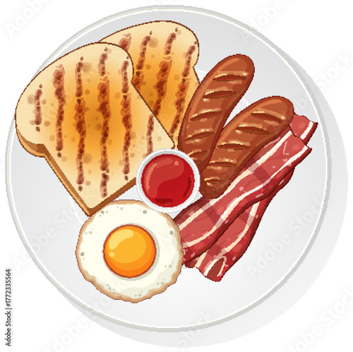 Classic Breakfast Plate with Toast, Sausage, Bacon, and Egg