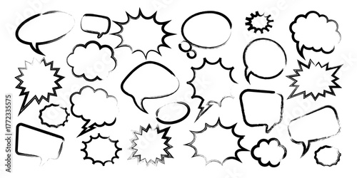 Grunge comic speech bubbles with brush strokes, ink smudges, acrylic stains or charcoal streaks. Hand drawn retro cartoon stickers. Chatting, message box. Vector illustration