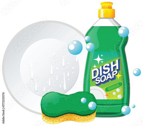 Dish Soap Bottle with Sponge and Clean Plate Illustration