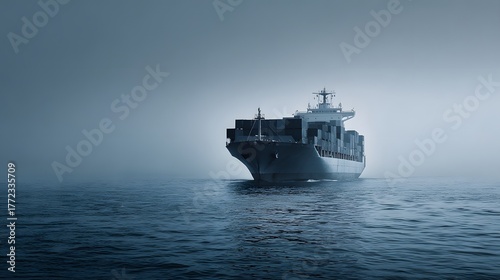 Large cargo vessel navigates vast ocean expanse under atmospheric haze