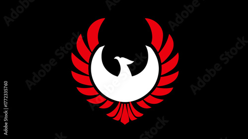 Stylized phoenix bird symbol illustration. Mythical firebird rising with spread red wings on a black background. Concept of rebirth, strength.