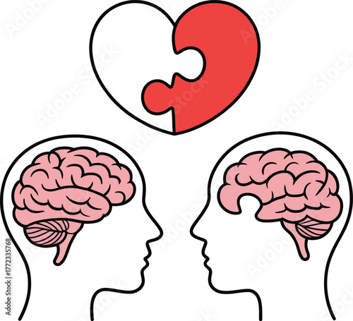 Two brains facing each other with a heart puzzle above