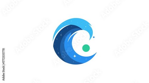 Modern Abstract Blue Ocean Wave Icon with Green Circle Element, Dynamic Water Flow Graphic Design Illustration