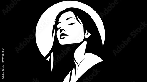 Serene woman with closed eyes and flowing hair in a high-contrast black and white illustration, peaceful contemplation and minimalist design.