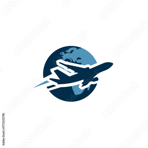 Global travel airplane logo design. Modern aircraft flying around a stylized world map, representing international tourism and worldwide aviation.
