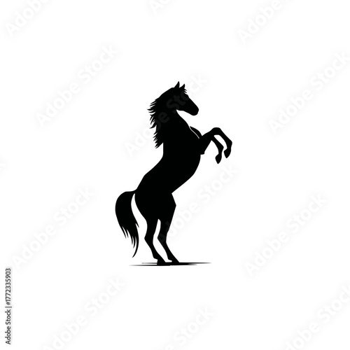 Black horse silhouette rearing on hind legs, isolated on white background, powerful and elegant equine design element