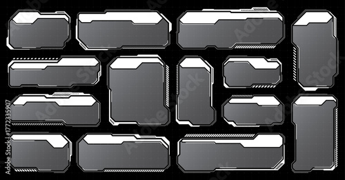 White futuristic HUD, UI elements. Sci-fi user interface text boxes, callouts. Warning message frames, information boxes template. Modern game interface layout in digital style. Vector illustration