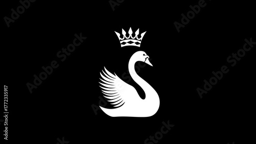 Elegant white swan with a royal crown on a sleek black background, majestic bird emblem, minimalist graphic design, vector illustration.
