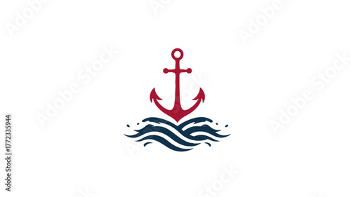 Stylized red anchor with blue waves, a classic nautical emblem representing marine travel, ocean adventures, and maritime themes. Vector graphic.