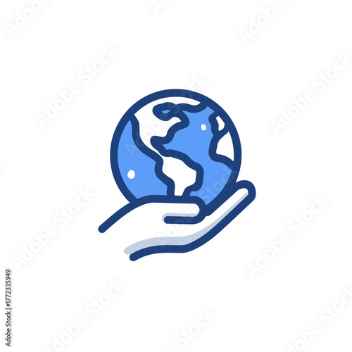 Stylized hand cradling blue Earth globe, symbolizing global care, environmental protection, sustainability, and international responsibility.
