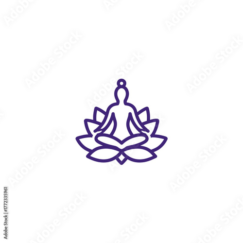 Minimalist purple line icon of a person meditating in a lotus position, symbolizing mindfulness, peace, relaxation, yoga, and spiritual well-being