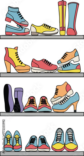 Collection of colorful cartoon shoes and boots displayed on shelves in orderly rows and stacks with pixel art style