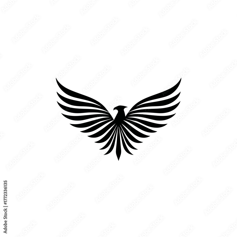 Fototapeta premium Abstract stylized black bird silhouette with majestic spread wings, a vector graphic illustration symbolizing strength, freedom, and power.