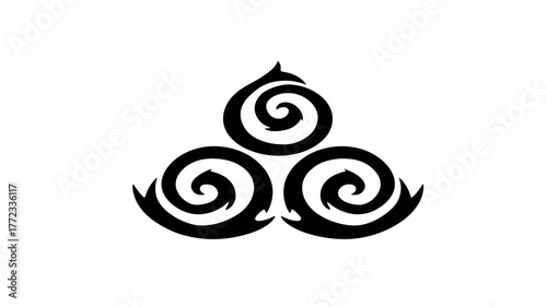 Minimalist black triple spiral symbol vector graphic. Abstract design representing unity, connection, flow, and balance on white.