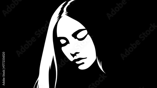 Minimalist black and white graphic illustration of a woman with closed eyes and long flowing hair, portraying serenity and thoughtful contemplation.