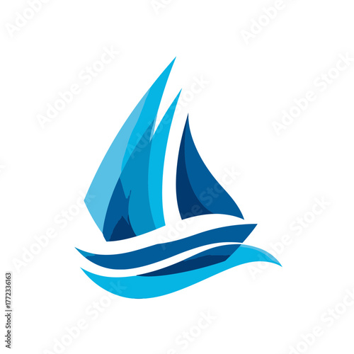 Abstract blue sailboat logo on waves. Modern graphic design icon for travel, sailing, ocean leisure, and water transportation.