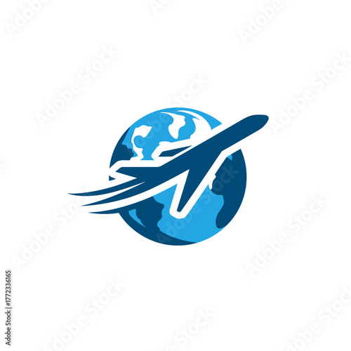 Abstract airplane flying around a blue globe, symbolizing worldwide travel, global aviation, international transport, and journey concept.