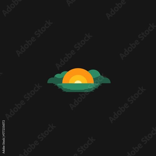 Stylized minimalist flat design sunset or sunrise over calm water with land silhouette, tranquil nature vector graphic illustration