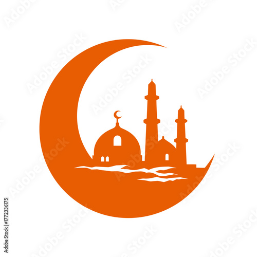 Stylized orange mosque silhouette and crescent moon icon. Islamic religious symbol for worship, prayer, Ramadan, Eid celebration design.