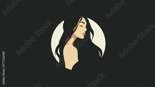 Serene Woman Profile Illustration with Long Dark Hair and Closed Eyes, Minimalist Vector Art