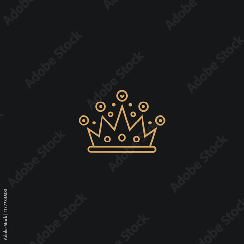 Minimalist golden crown outline icon on dark black background, representing royalty, luxury, power, success, and elegance