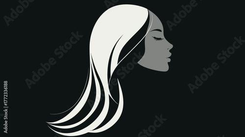 Elegant minimalist silhouette of a woman's profile with long flowing hair, stylized black and white vector illustration for beauty and grace.