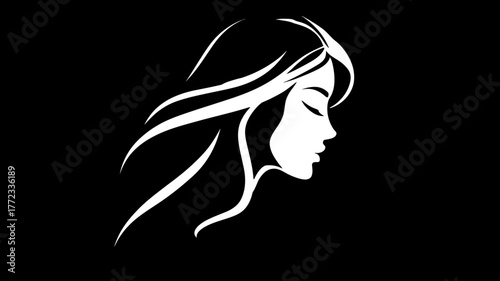 Elegant Woman Profile Silhouette with Flowing Hair. Minimalist Graphic Design for Beauty, Salon, Spa, Wellness, and Fashion Concepts.