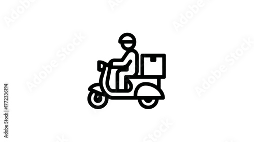 Delivery person on scooter with package box icon. Fast courier service, food delivery, outline vector symbol.