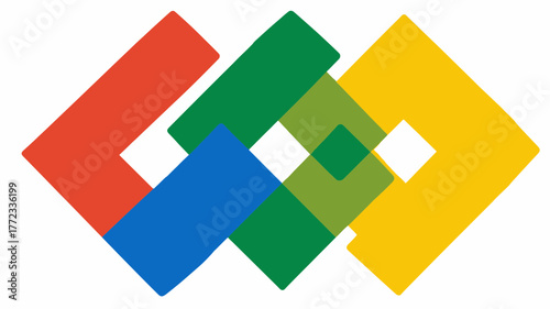 Interlocking colorful geometric shapes, abstract modern design, digital graphic with overlapping translucent elements and vibrant colors