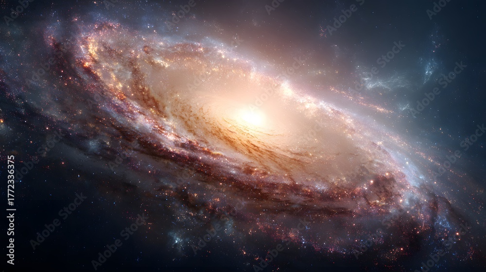 Obraz premium Brilliant spiral celestial body dominates the deep space vista with swirling dust lanes