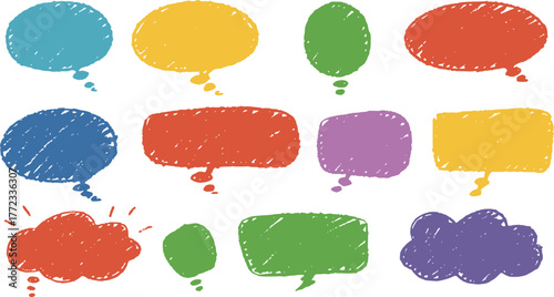 Children pencil dialog balloon doodle text cloud. Set of colorful speech and thought bubbles. Crayon speech bubbles doodle set. Vector, EPS version.