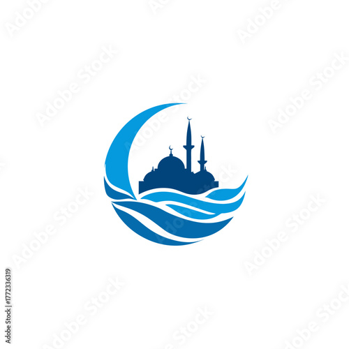 Blue mosque silhouette with minarets, crescent moon, and abstract waves icon. Islamic architecture graphic design for religion and culture.