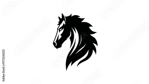 Majestic black horse head silhouette with flowing mane, powerful equestrian animal illustration, graphic design element on white background.