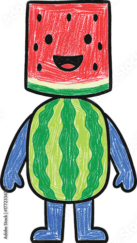 Whimsical Watermelon Character Smiling Happily in a Childlike Drawing Style, Perfect for Summer Promotions, Education, and Joyful Designs. A Square-Headed Fruit Friend with a Round Body & Blue Limbs S