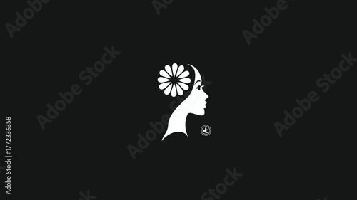 Elegant female head profile silhouette with flower petals representing organic thought, wellness, mental health, and natural beauty.