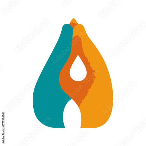 Abstract praying hands forming a stylized flame or water drop. Spirituality, peace, hope, meditation, and well-being concept.