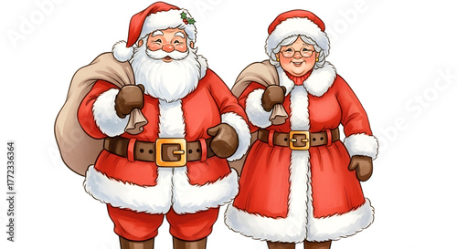 Santa claus and mrs claus standing together, both carrying sacks of gifts, isolated on transparent background