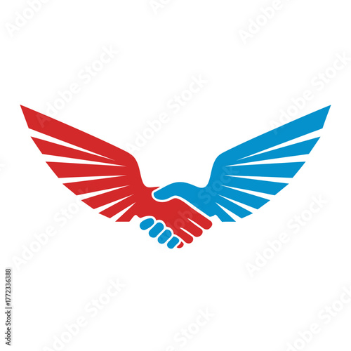 Dynamic winged handshake symbol representing partnership, agreement, collaboration, and successful teamwork. Abstract red and blue graphic.